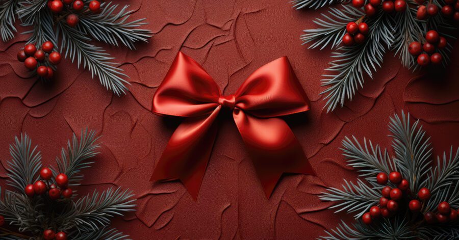 Christmas theme picture with read bow in the middle and holly and fir branches in each corner