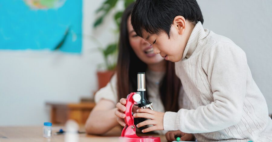Homeschool science with a child looking through a microscope