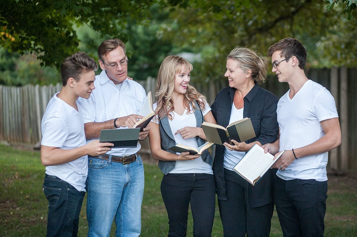 a family talks about books outside