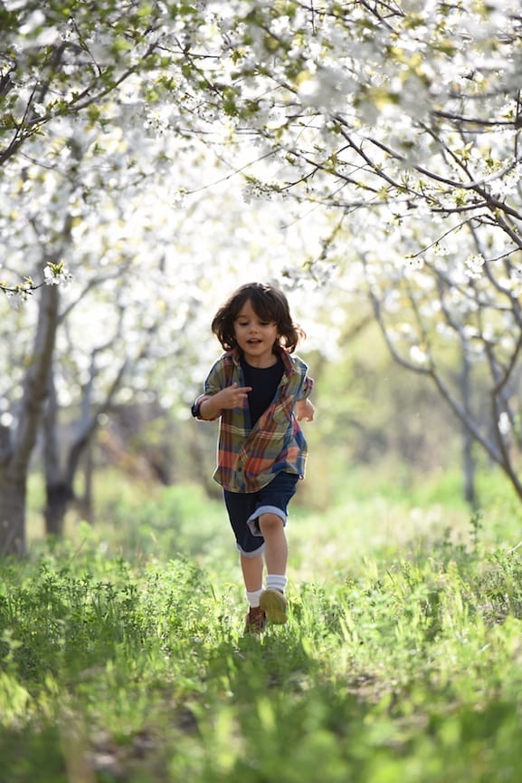 boy running through a grassy forest