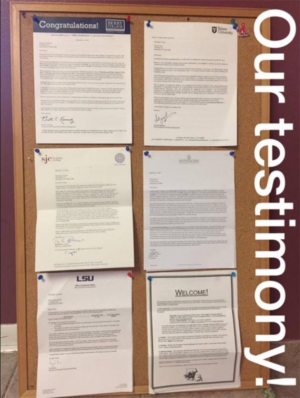 six college acceptance letters posted on a bulletin board 