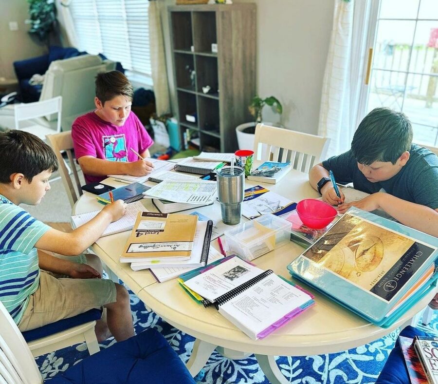 Boys studying around a table according to the classical method of homeschooling.