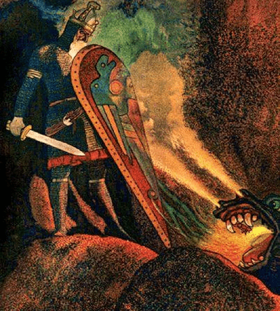 Beowulf battles the dragon.