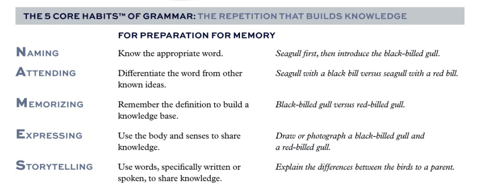 The Five Core Habits of Grammar: Naming, Attending, Memorizing, Expressing, and Storytelling.