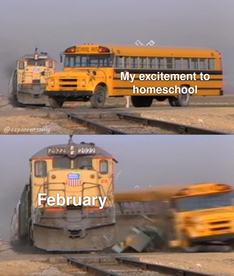 Memes. Bus: "My excitement to homeschool." Approaching train: "February."