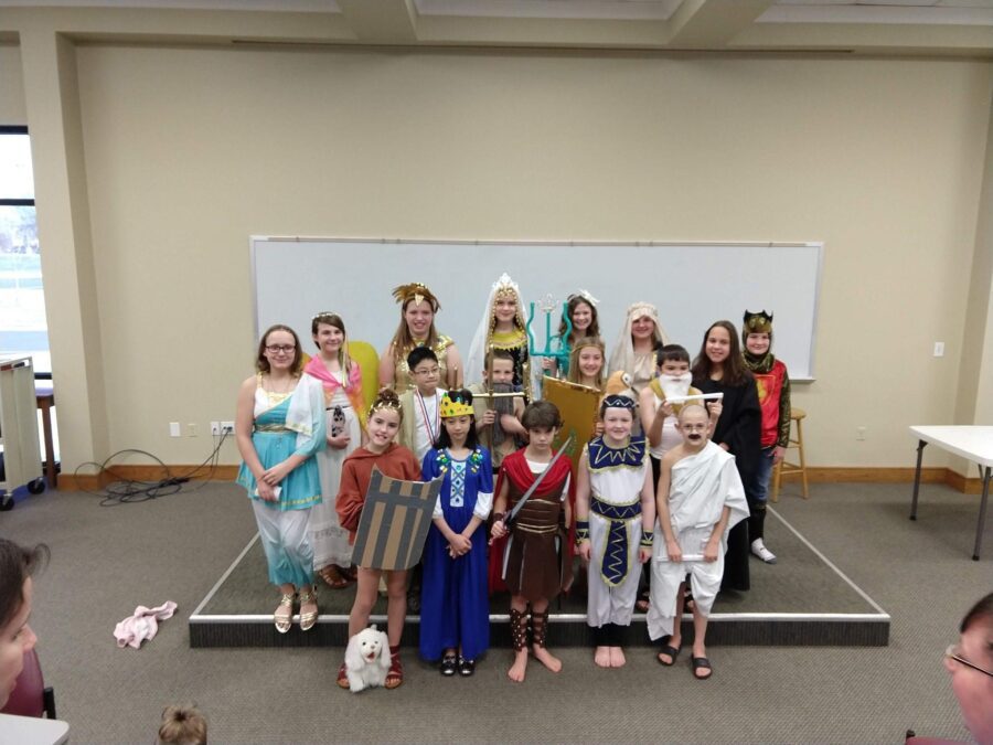 Homeschoolers dress up for a play.