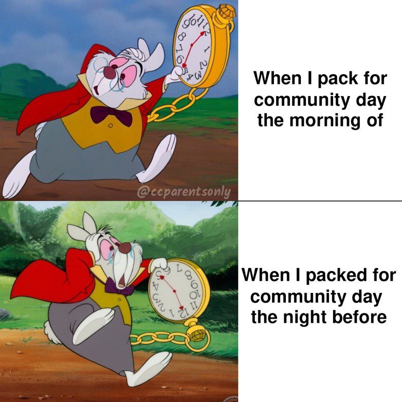 Memes: You're always hurrying, even when you try to get it done early. Top: A rabbit hurrying to pack for community in the morning. Bottom: A rabbit still hurrying to pack for community the night before.