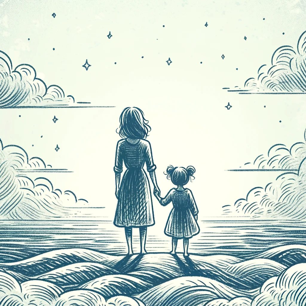 The conclusion to a picture book rhyme. A mother and a daughter stare out across the sea.