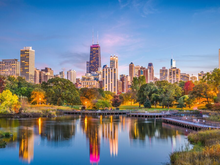 Photo of the Chicago skyline at dusk.