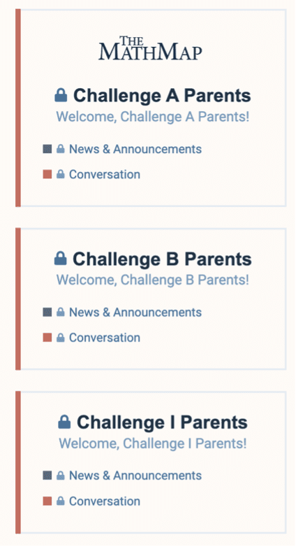 Screenshot of The MathMap, showing parent resources for Classical Conversations Challenge programs. Three sections are displayed, titled 'Challenge A Parents', 'Challenge B Parents', and 'Challenge I Parents'. Each section includes options for 'News & Announcements' and 'Conversation', indicated by icons in blue and red. The image highlights community support and available resources for parents in different Challenge levels on the Classical Conversations Connected platform.