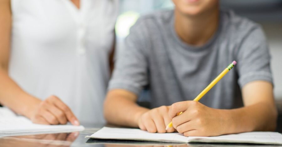 A mother and son learn at home together.