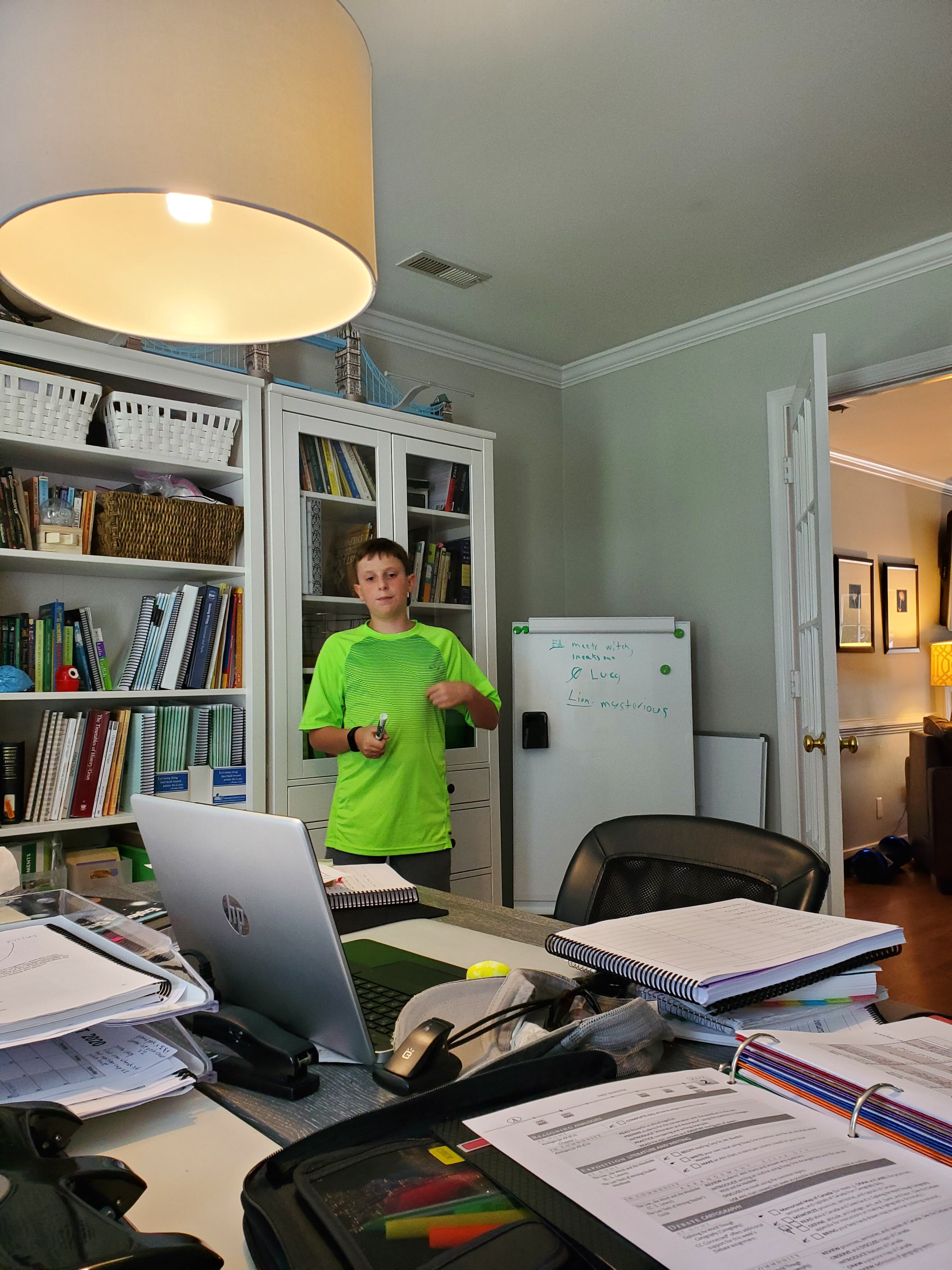 Boy in a green shirt in a homeschool room.