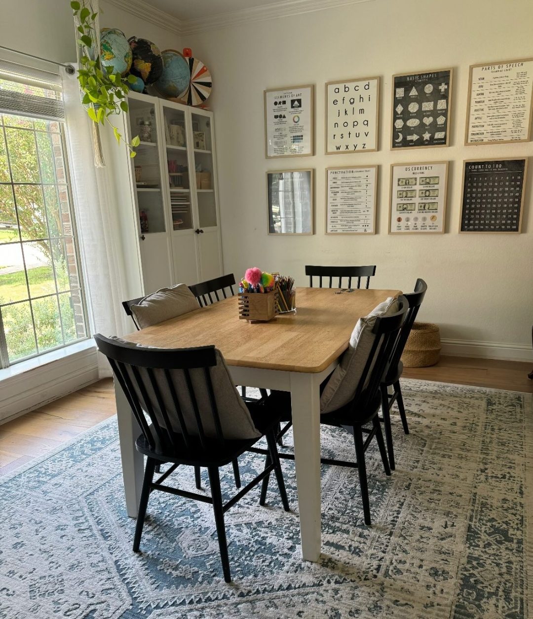 Dining room decorated with educational art.