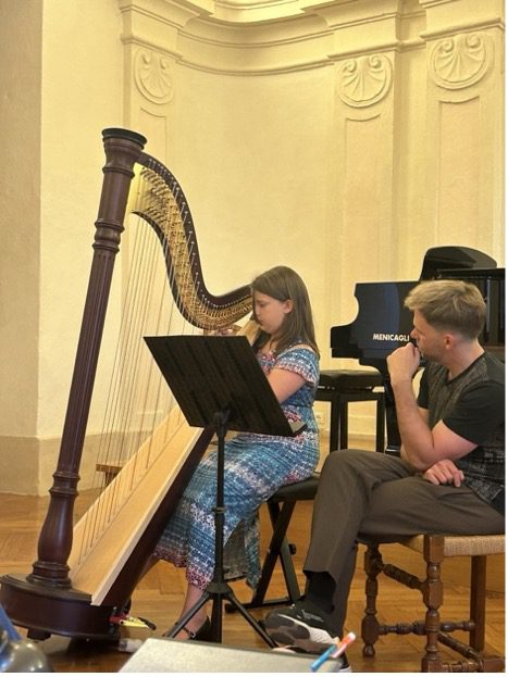 Homeschool students practicing harp with a teacher.