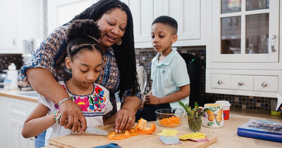 Mom and kids make easy homeschool meals