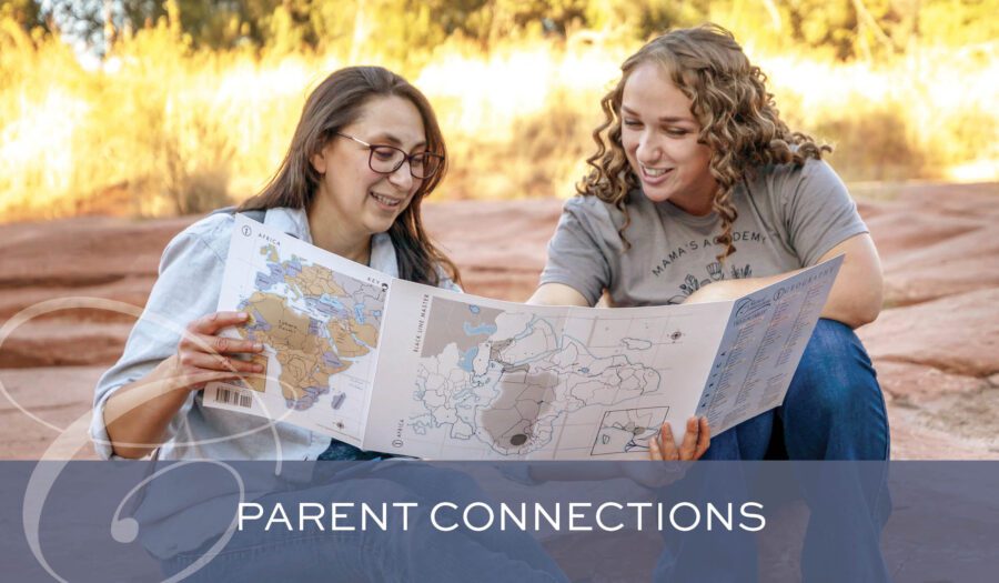 Two Classical Conversations moms review a geography map together, illustrating the August 2026 Parent Connections newsletter